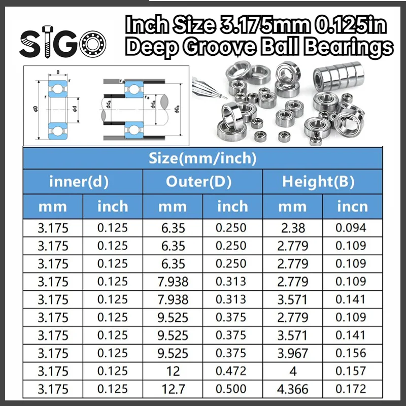 10PCS Inch Size Non-standard Micro Deep Groove Ball Bearing Inner Diameter 3.175mm 0.125inch Outer Diameter 6.35mm 0.25inch