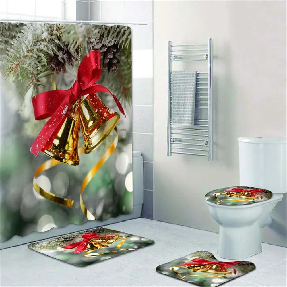 Various Colors Custom Designer 3D Printing Polyester Eco-Friendly Christmas Shower Curtain Set with Shower Curtain and Rugs