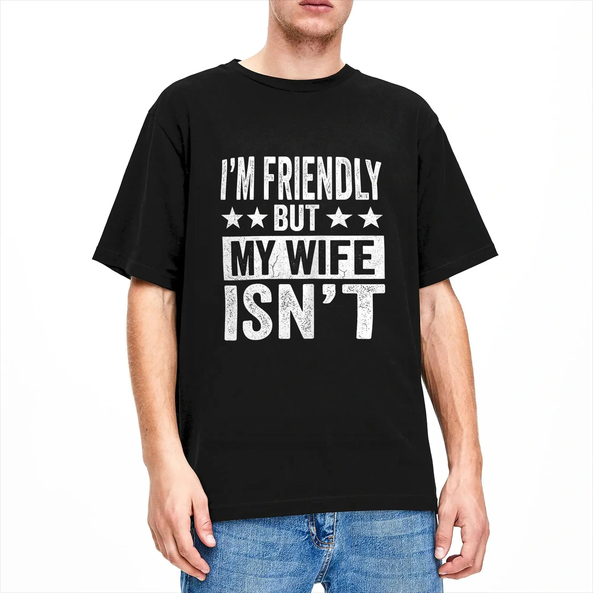 Ich bin freundlich, aber meine Frau ist nicht lustig. Lustiges Ehemann-Humor-T-Shirt. Neuartige T-Shirts, kurzärmelige, lustige Oberteile, Sommer-T-Shirts aus 100 % Baumwolle – Detail 2
