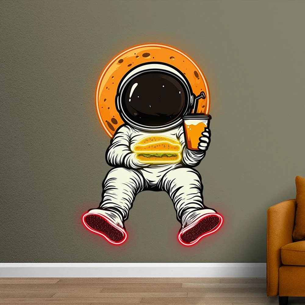 Astronauta Comer Hambúrguer e Beber Suco Neon Sign, Decoração de Parede de Restaurante e Cozinha Personalizada, Luz LED, Decoração de Loja de Alimentos