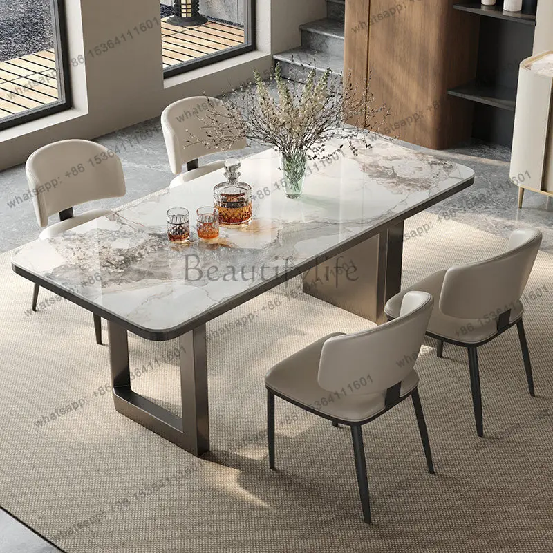 

Stainless steel lower hanging table rock slab dining table Italian light luxury modern minimalist rectangle
