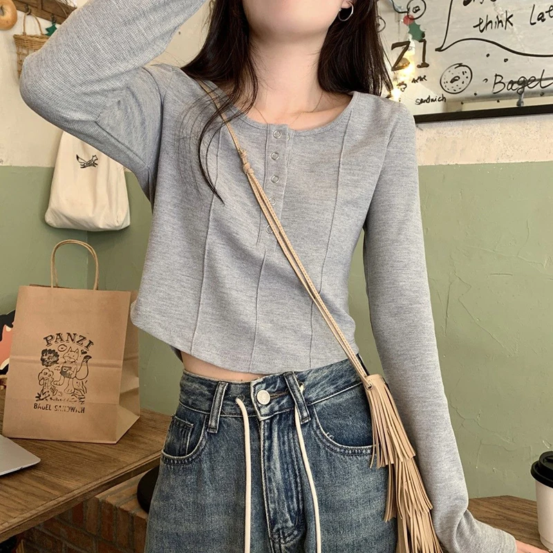 Rimocy Gray V Neck Knitted Women Sweater Autumn Winter Button O-Neck Pullovers Woman Basic Solid Color Slim Fit Crop Tops Female