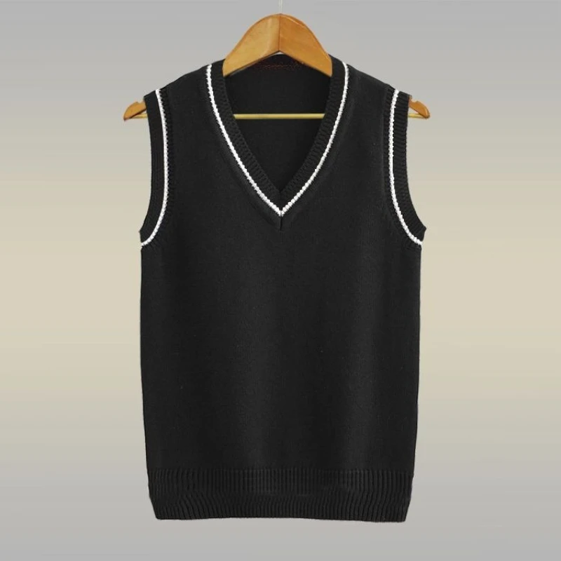 Men's Cotton Knitted Sweater Vest Korean Style Slim Fit Sleeveless Pullover Waistcoat Preppy Trendy Autumn Fashion Outfit