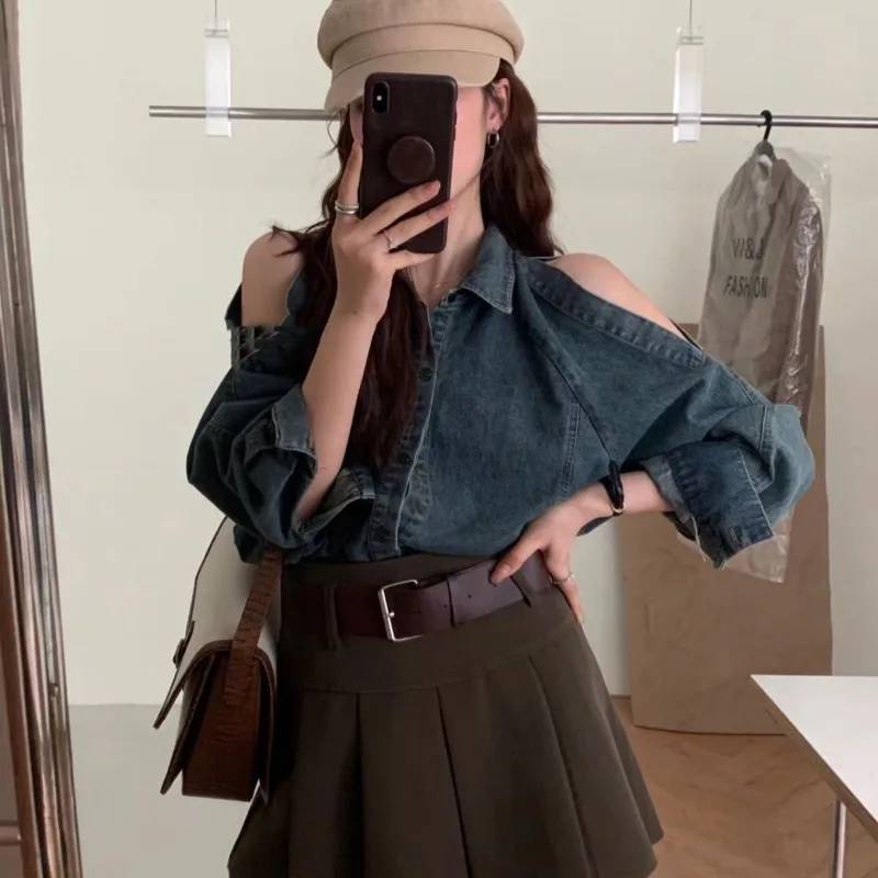 Korean Vintage Sexy Denim Tops Streetwear Chic Coat Women Y2k Loose Hollow Out Long Sleeve Off Shoulder Jackets Outerwear