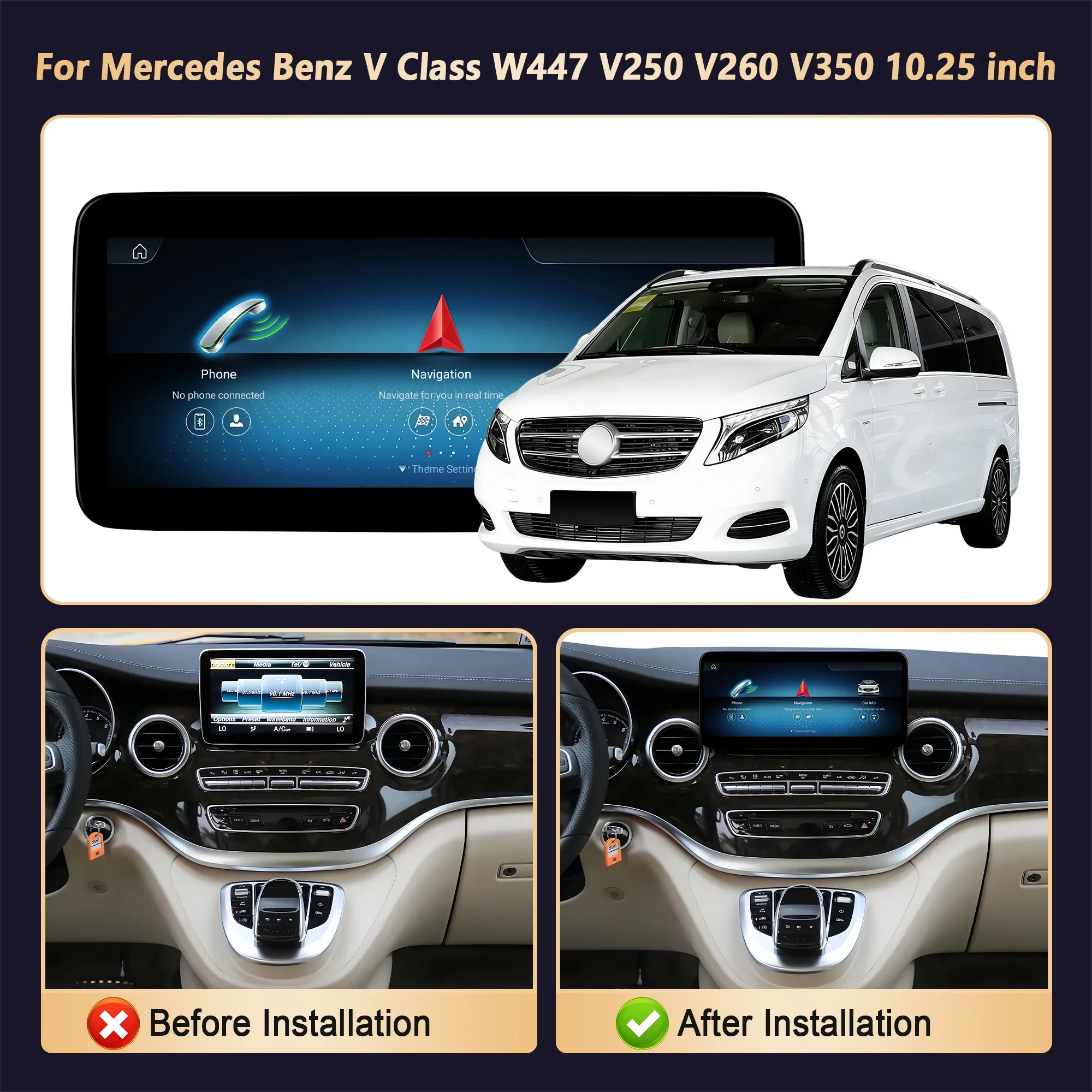 10.25 inch Android 14 Car Radio Carplay Bluetooth Snapdragon 680 GPS Touch Screen For Mercedes Benz V Class W447 V250 V260 V350