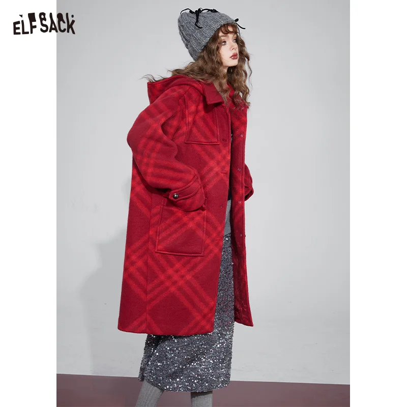 

ELFSACK Christmas 2000s Red Plaid Coats Women 2023 Winter New Plus Size Long Outwears