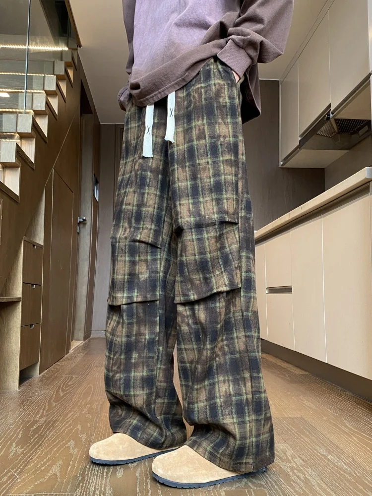 

Мужские повседневные брюки в клетку в американском стиле ретро, весенне-осенние свободные широкие брюки, винтажные прямые брюки со складками