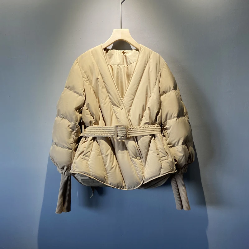 2022 inverno feminino para baixo casacos parkas sólido com decote em v solto grosso quente outwear jaqueta feminina senhora do escritório topos com cinto