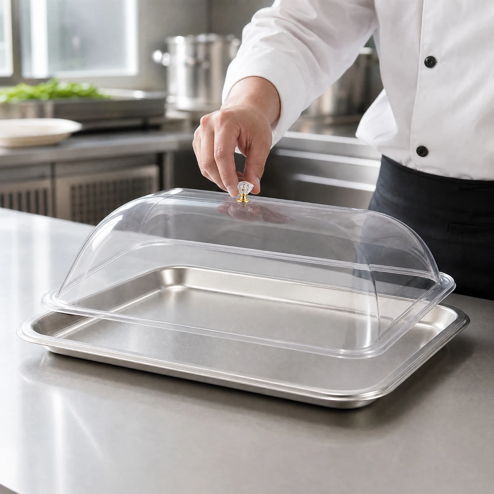 Cloche en acier inoxydable avec base, plateau alimentaire transparent en acier inoxydable 304 avec couvercle anti-poussière en PET, plat de service couvert