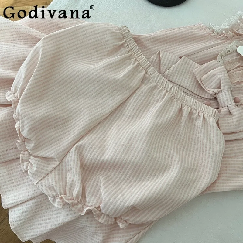 Summer Japanese Sweet Cute Dress Women Large Bow Pink Striped Lolita Dress Female Lapel Flutter Sleeve Single Breasted Dress