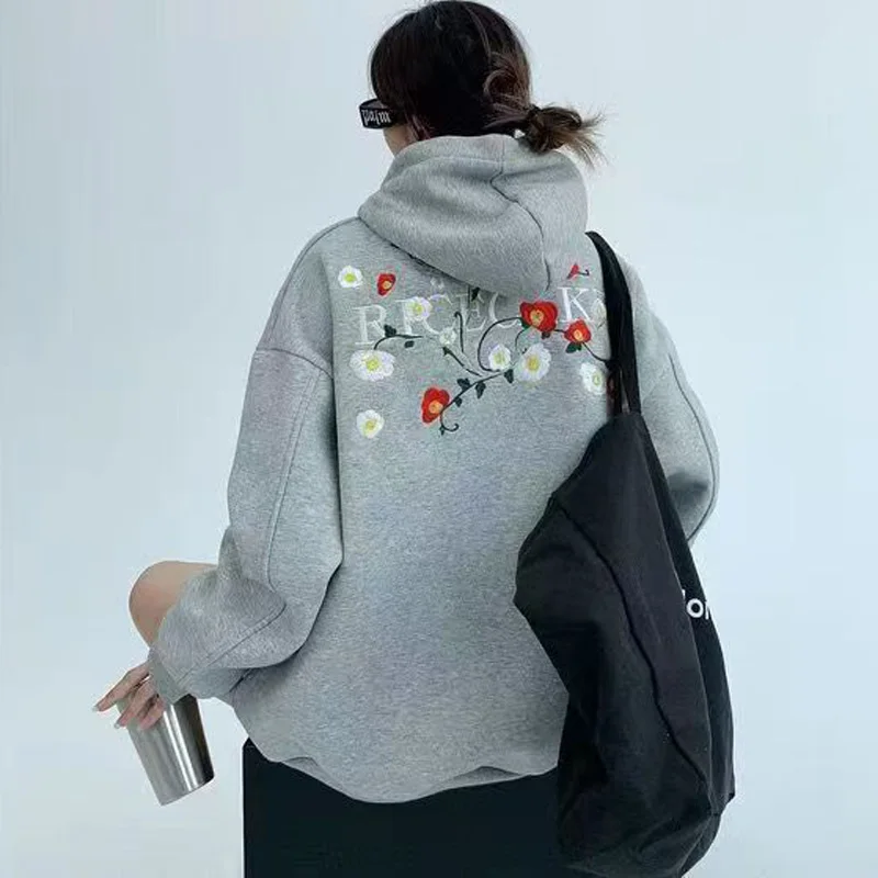 Felpa con cappuccio a fiori ricamata da donna Casual Vintage 2024 autunno inverno donna più vestiti larghi y2k in velluto