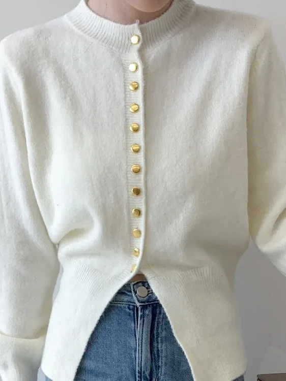 

Korean Sle Knitted Open Cardigan Women's Slim Fit round Ne Single Button Autumn New Arrival Faionable Top