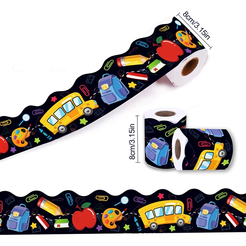Carpeta de tablón de anuncios de regreso a la escuela, pegatina de borde festoneado autoadhesiva de 67,9 pies para decoración de aula escolar