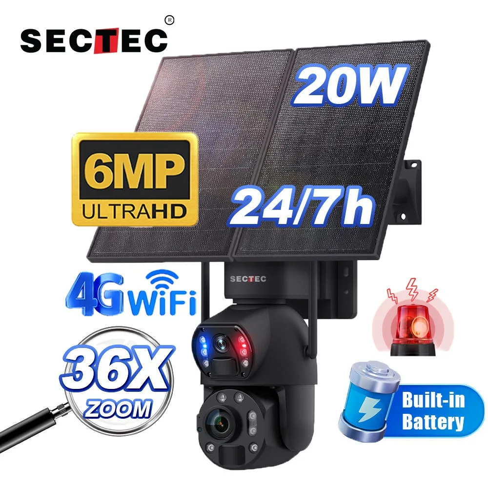 SHIWOJIA 36X Zoom 6MP 4G SIM Solar Camera Outdoor 360° Wireless WiFi Security Camera 20W Solar Panel 20000 mah Battery PIR Black