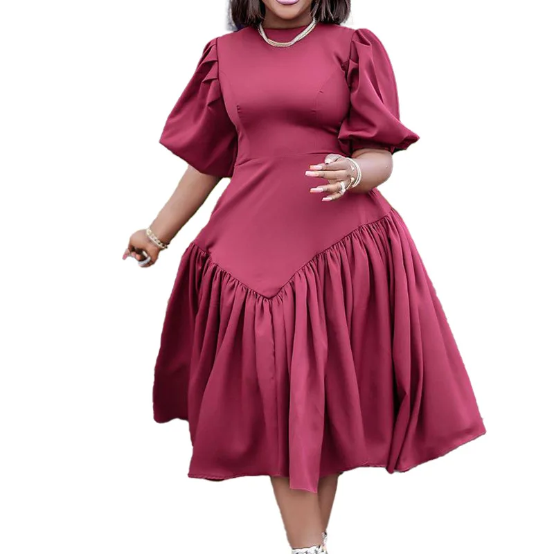 

Polyester African Dresses for Women Summer African Women Half Sleeve O-neck Solid Color Knee-length Dress African Clothes