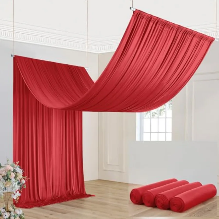 

20ft×20ft red ceiling drapes for weddings and parties, 4 panels of 5×20 ft wrinkle-free silk ceiling curtains for tent canopy,