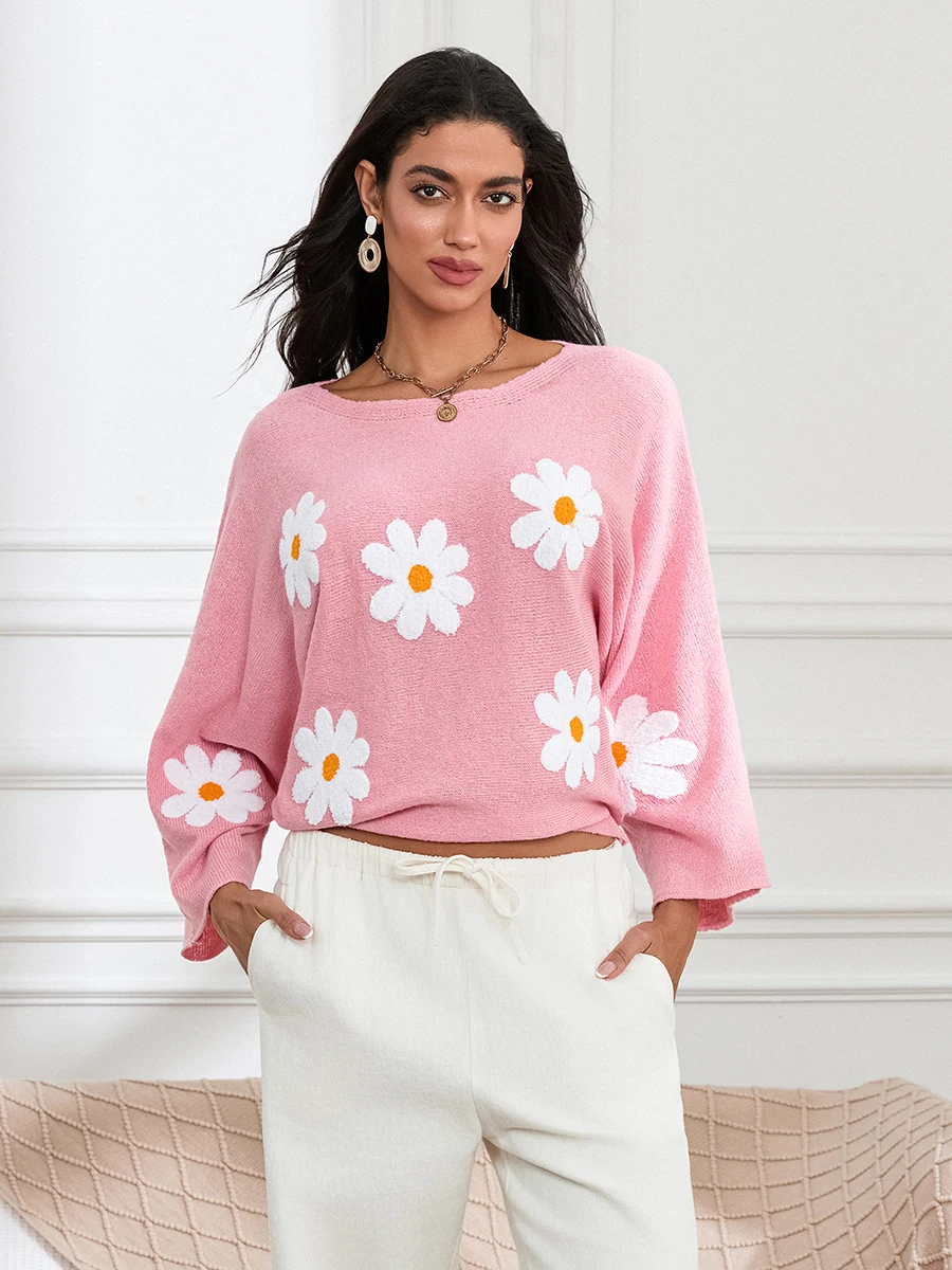 wsevypo Flower Embroidered Loose Knit Sweater Women's Long Sleeve Boat Neck Pullovers Spring Fall Casual Baggy Jumpers Tops