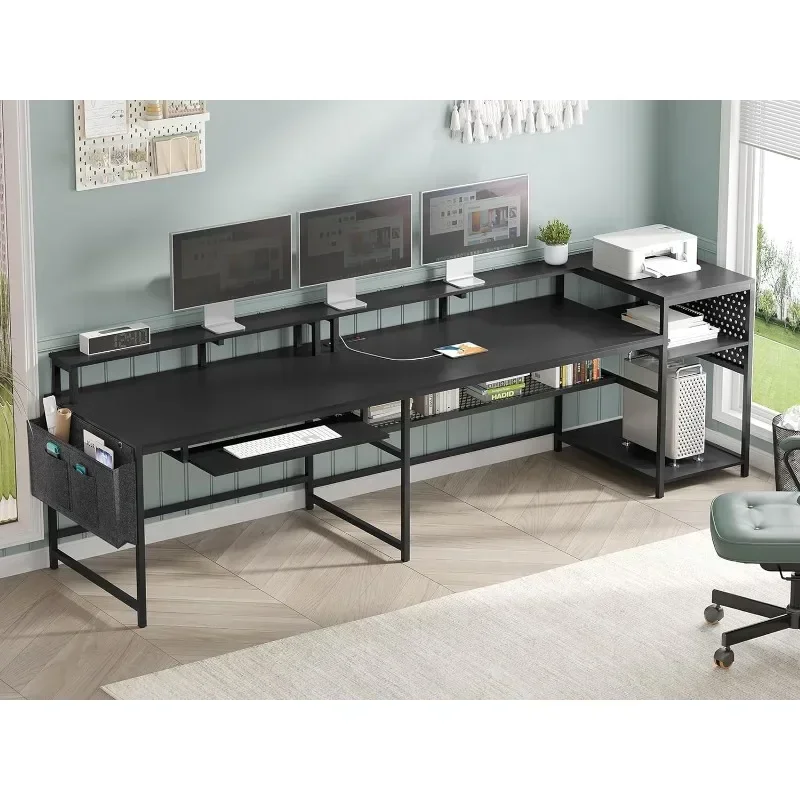 durable L Shaped Gaming Desk, Reversible Computer Desk, Gaming Desk with Power Outlets & LED Strip, Monitor Shelf, Keyboard