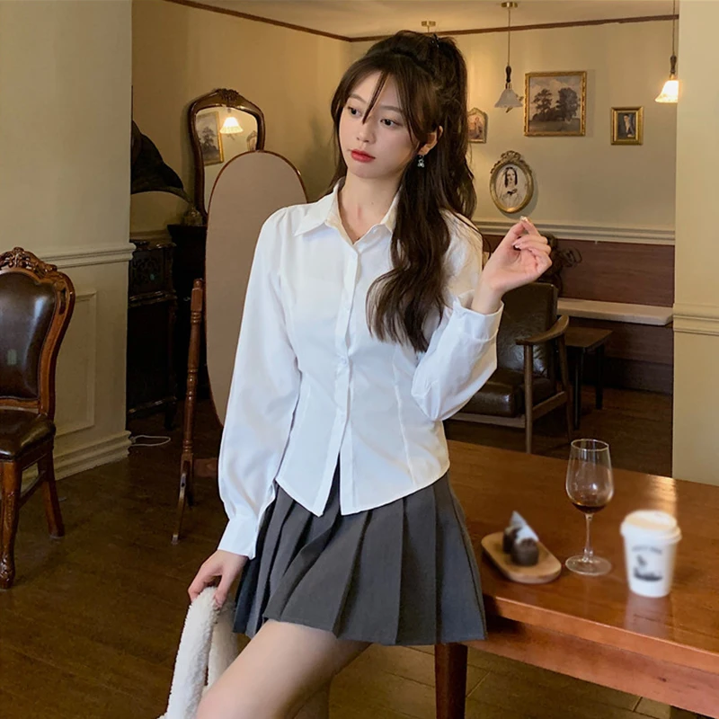 Sweet Lapel Slim Shirt For Women Korean Version Solid Puff Long Sleeve Lacing Up Blouse Colleage Style Girly Casual Tops