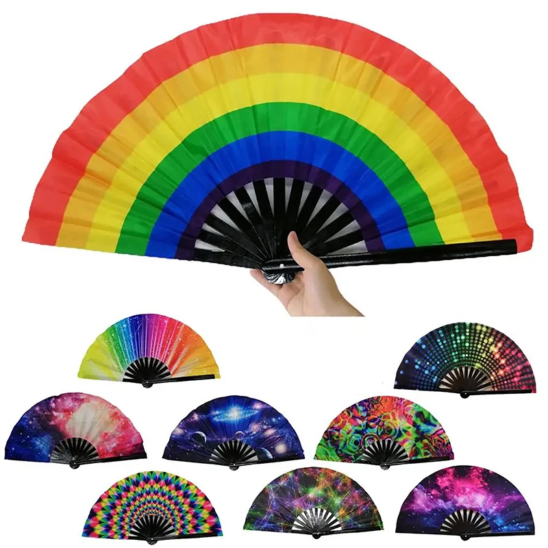 1PCS Hand Fan Xmas Dance Folding Fan Bright Color Rainbow Starry Sky Color Glow In The Dark Festival Performance Party Supplies