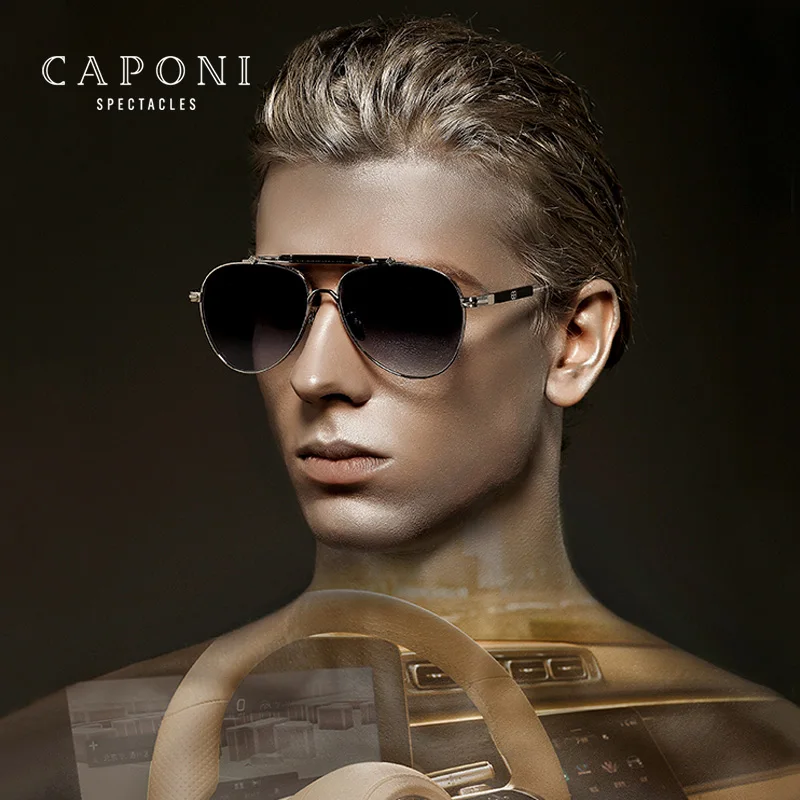 CAPONI HD Nylon Polarized Sun Glasses Pure Titanium Gradient UV400 Designer Eyewear Pilot Style Outdoor Men\'s Sunglasses CP7537