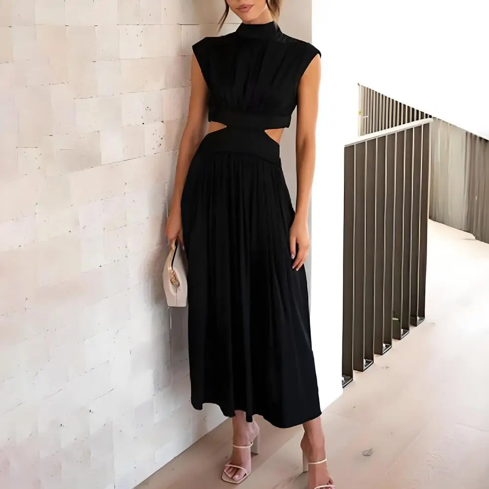 Robe longue élégante à col montant pour femmes, tenue de soirée de Cocktail plissée, ligne a, mode vacances pour femmes