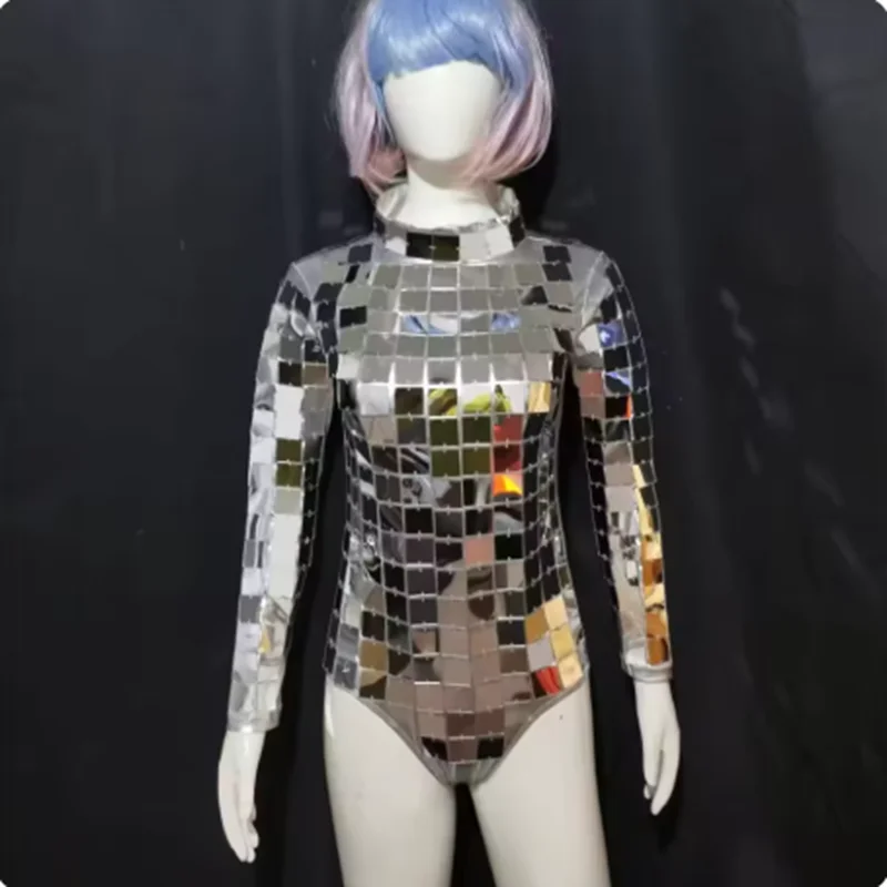 Seksowny damski kombinezon z długim rękawem, srebrnymi cekinami i efektem lustra, strój do klubu nocnego, baru, taneczny, dla piosenkarki, na scenę, kostium dla tancerki, na występy.