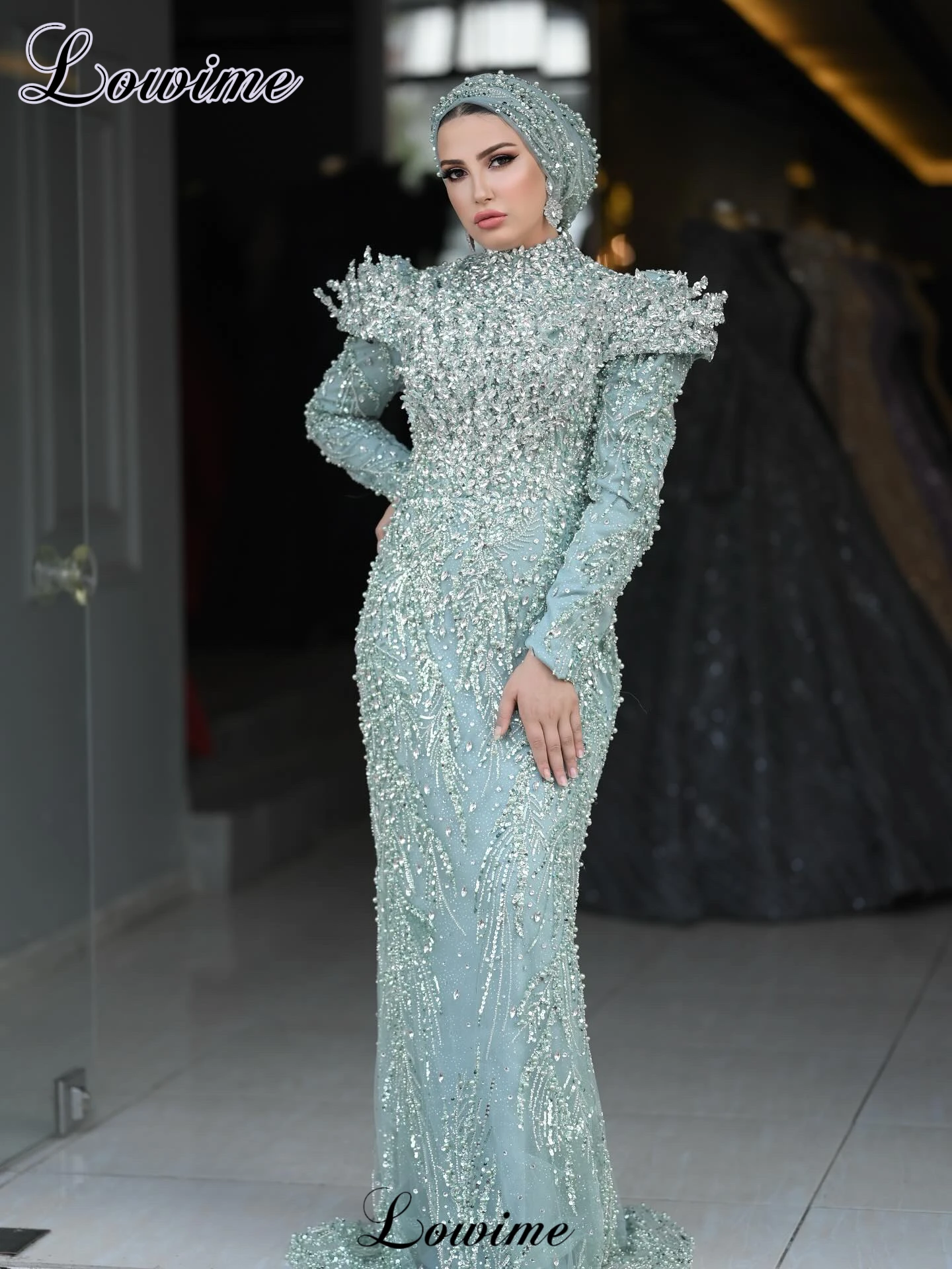 Suknie wieczorowe muzułmańskie na Bliski Wschód, luksusowe kryształy, długie rękawy, suknie ślubne, suknie wizytowe, suknie balowe, szaty wieczorowe, szyte na miarę