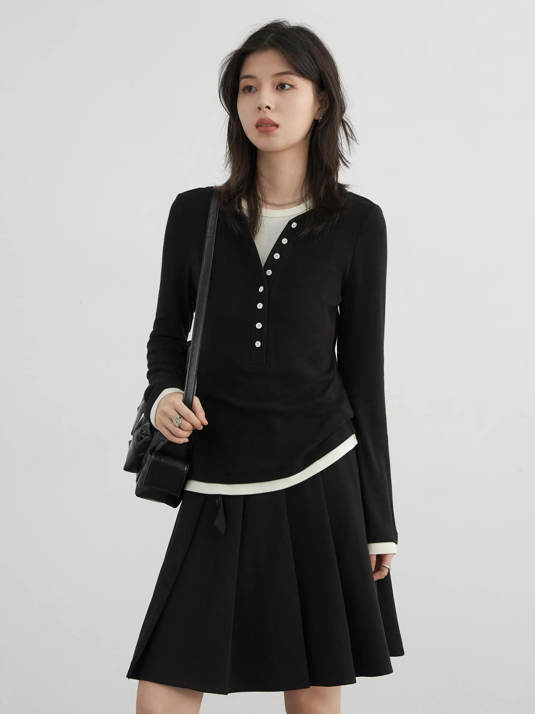 

Autumn New Sle Women's Base irt T-irt Henry Collar Knitted Woolen Casual Long Sve Color Commute Faion