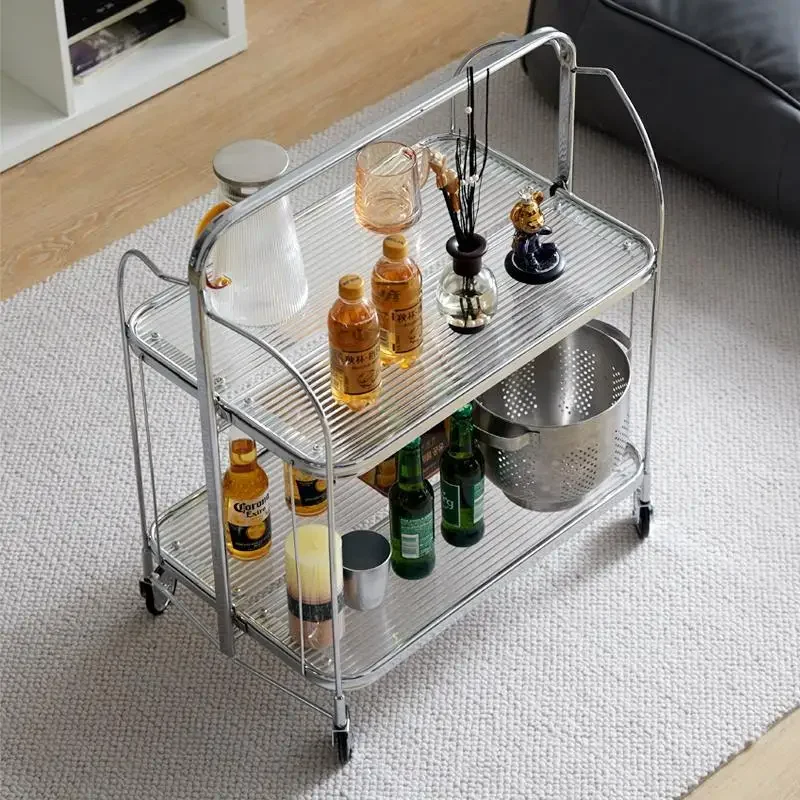 Medieval Style Cart Movable Folding  Wine Cart Transparent Glass Storage Trolley Wheel Kitchen Sofa Side Table