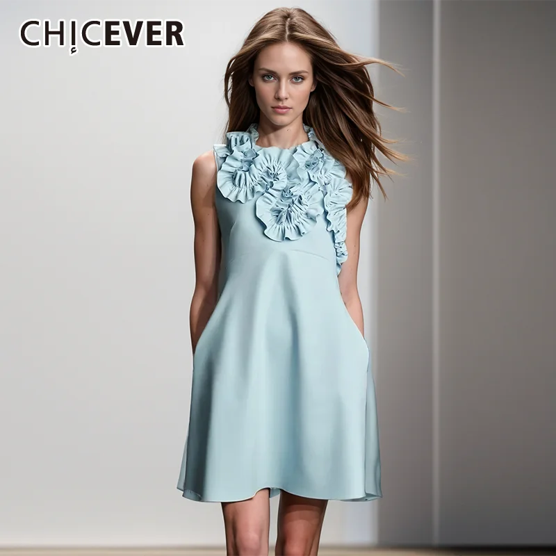 

CHICEVER Spliced Appliques Summer Dresses For Women O Neck Sleeveless High Waist Patchwork Zipper Elegant Slim Mini Dress Female