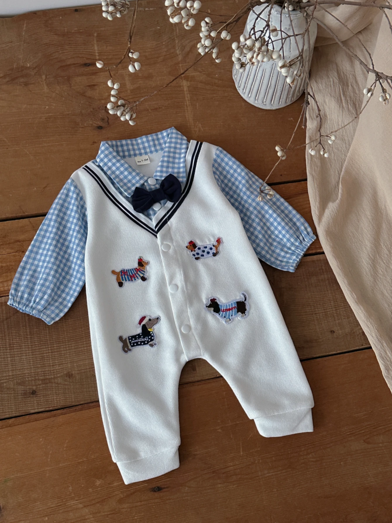 Spring Autumn Baby Fake Two Piece Dachshund Embroidery Romper, Boys Blue Plaid Lapel Button Birthday Formal Jumpsuit Outfit