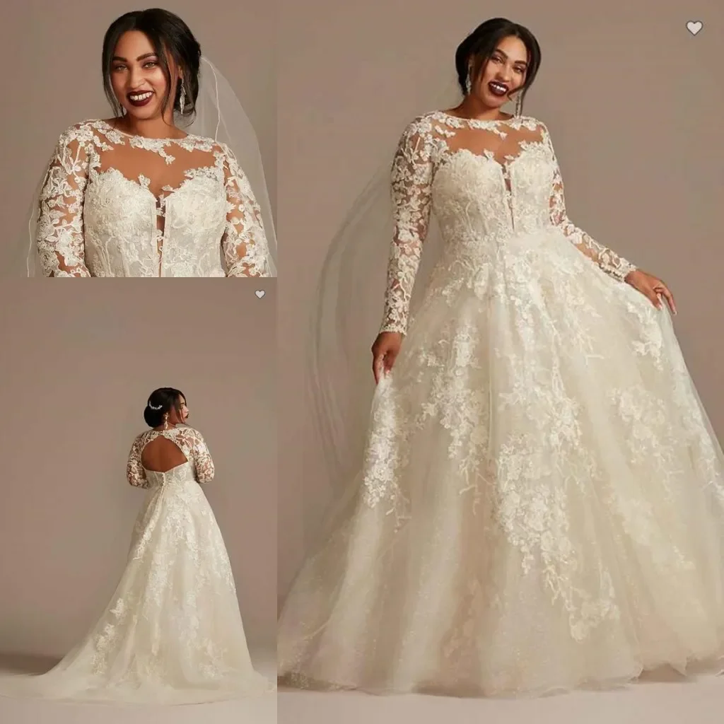 Robes de mariée à manches longues en dentelle, robes de mariée grande taille, appliques à col rond transparent, patients de princesse A Line, quoi que ce soit, éducatif, 2024