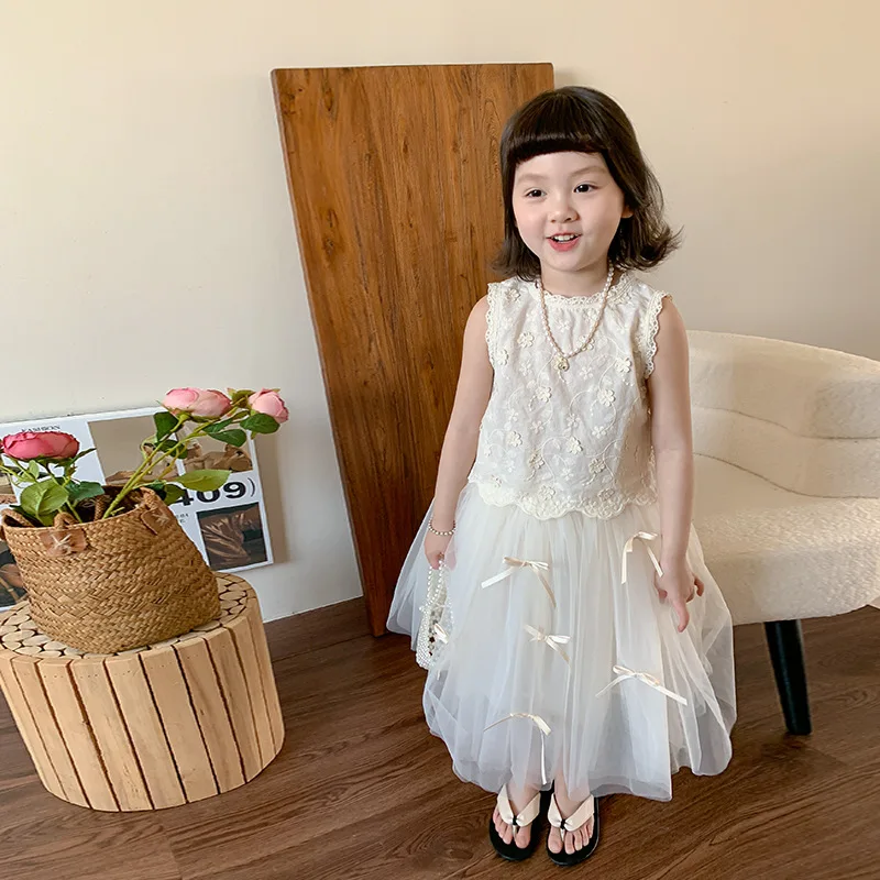 

Girl Dress Set Children Girls Suit 2024 Summer New Korean Style Children Foreign Style Vest Half Gauze Skirt Baby Clothes