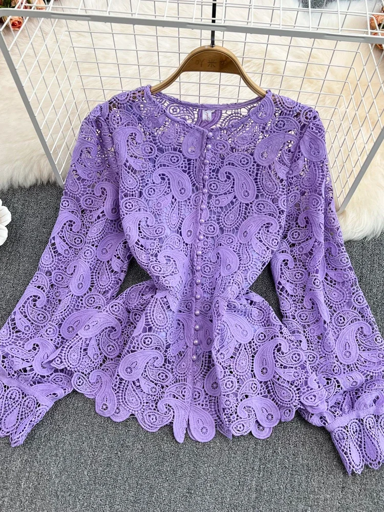 Green/Purple/Rose Red Hollow Out Blouse Women Vintage Elegant Round Neck Lantern Long Sleeve Single Breasted Shirt New Blusas