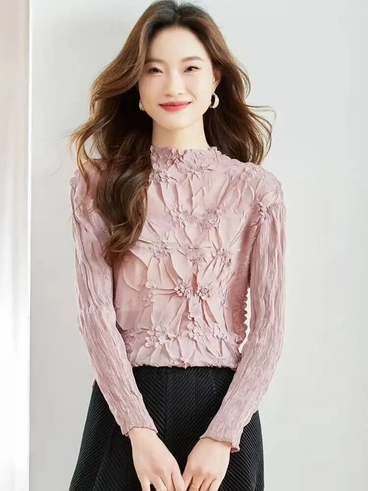 Fit High Slim Elastic Long Sleeved Pleated T-shirts Women's 2025 New Base Stand Collar Grey Tee Tops 2XI52