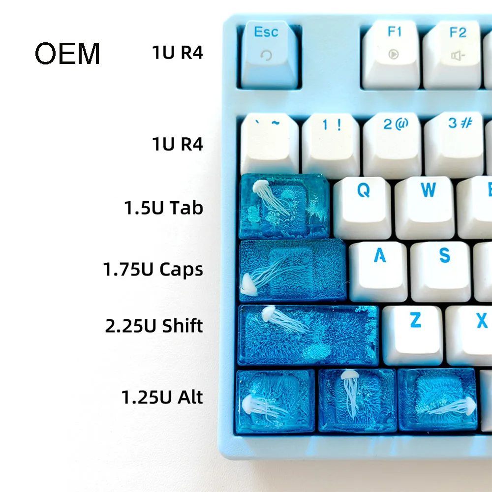 Backlit OEM Blue Resin Keycap Jellyfish Cross Axis Mechanical Keyboard ESC 1.5u Tab 1.75u Caps 2.25u Shift Ctrl 1.25u Alt Keycap