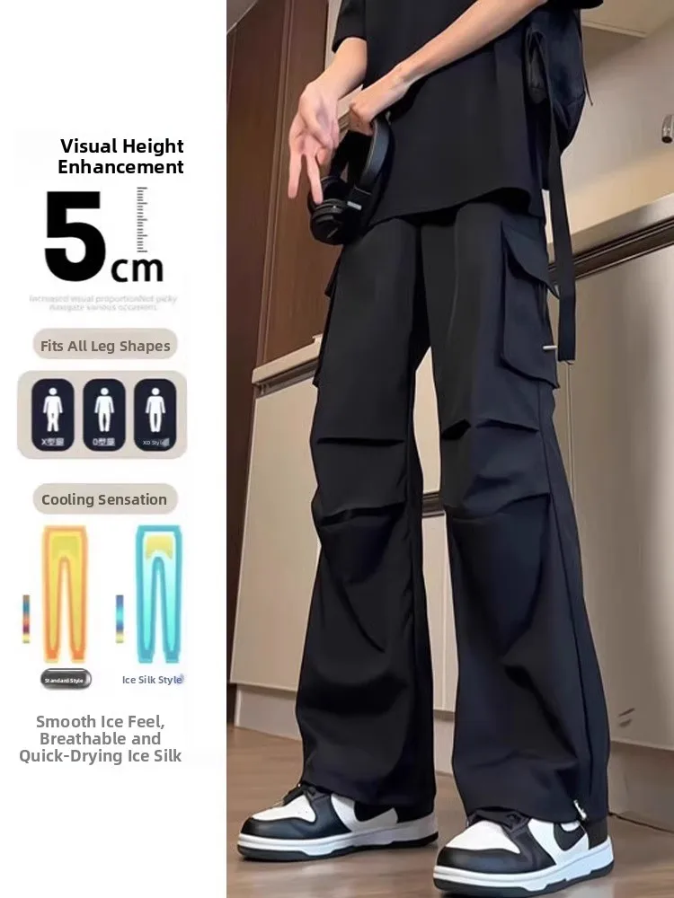 

Американские свободные брюки из ледяного шелка Qui Dry, повседневные рабочие брюки, мужские летние прямые брюки с широкими штанинами, модные молодежные брюки