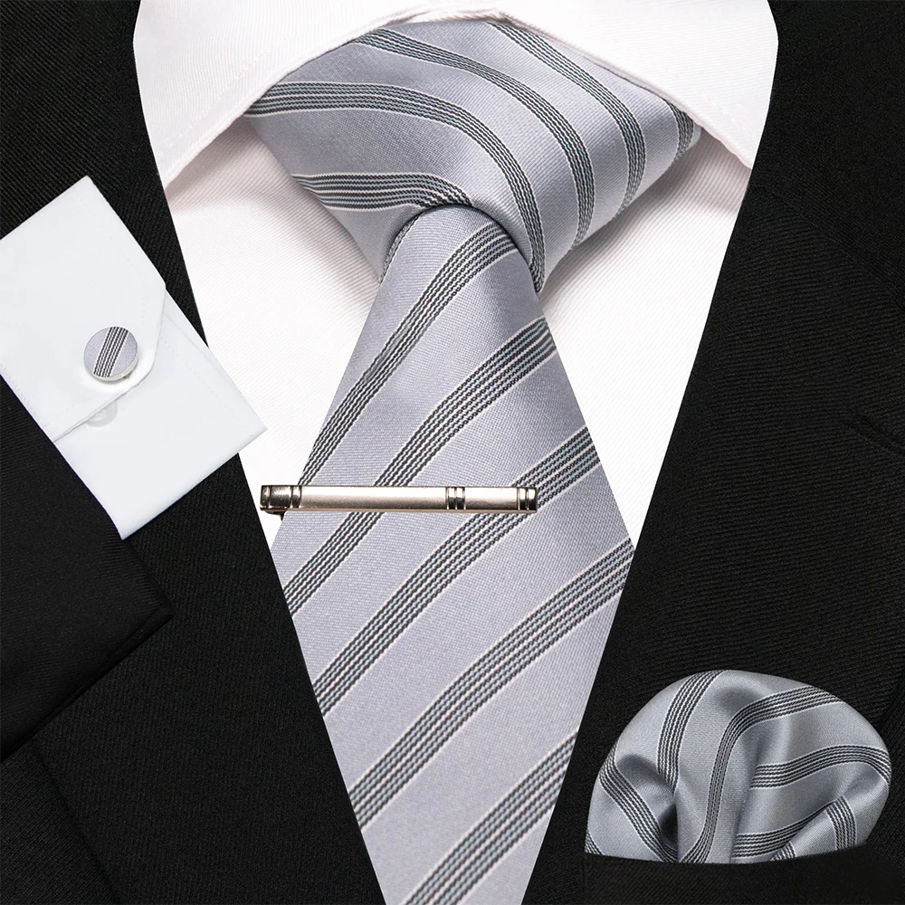 KAMBERFT Marineblau Gestreifte Seidenkrawatte für Herren, Modisches Design, Geschenkset mit Taschentuch und Manschettenknöpfen, Business-Party-Gravata – Detail 17