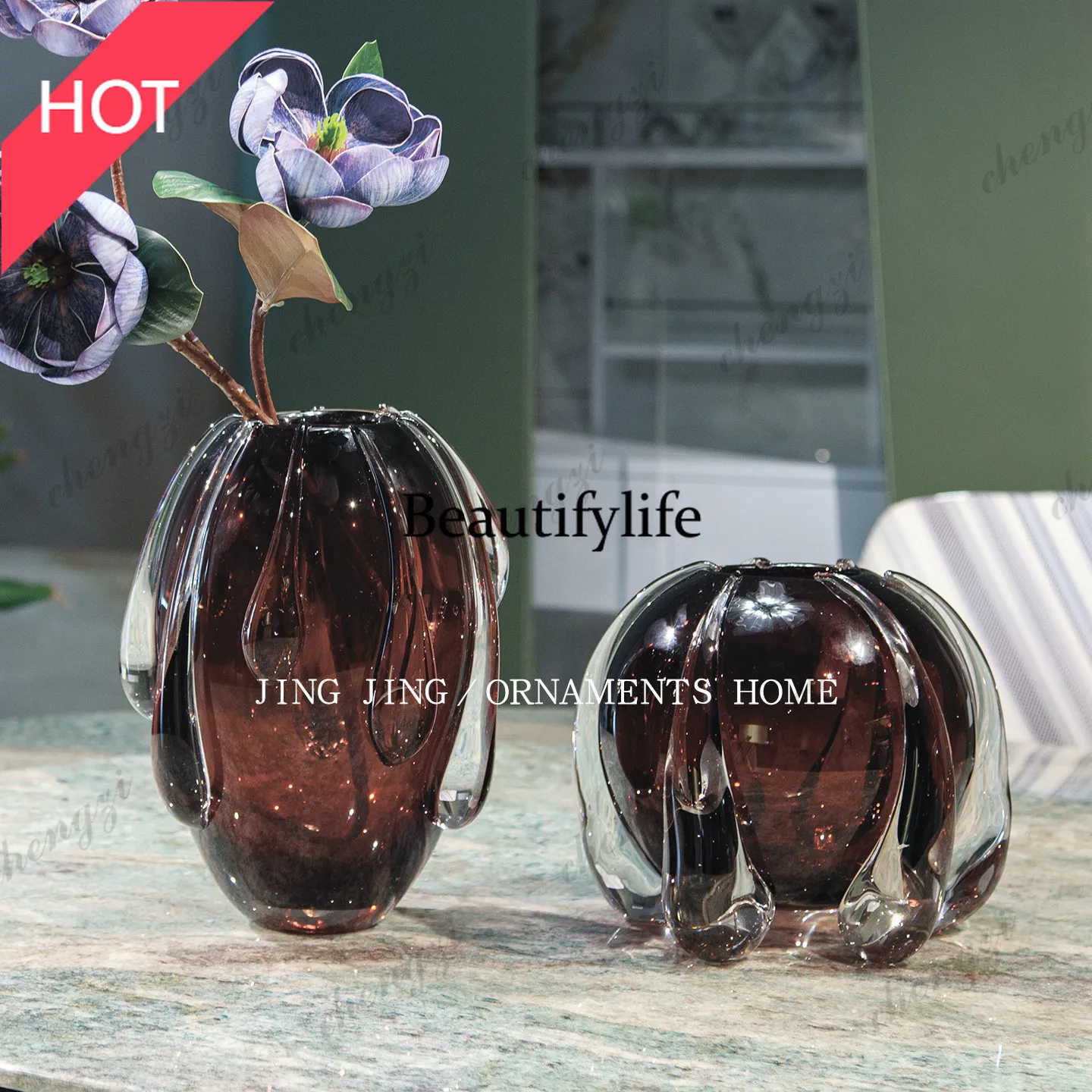 M45 High-end light luxury brown glazed vase ornament living room dining table water culture flower decoration