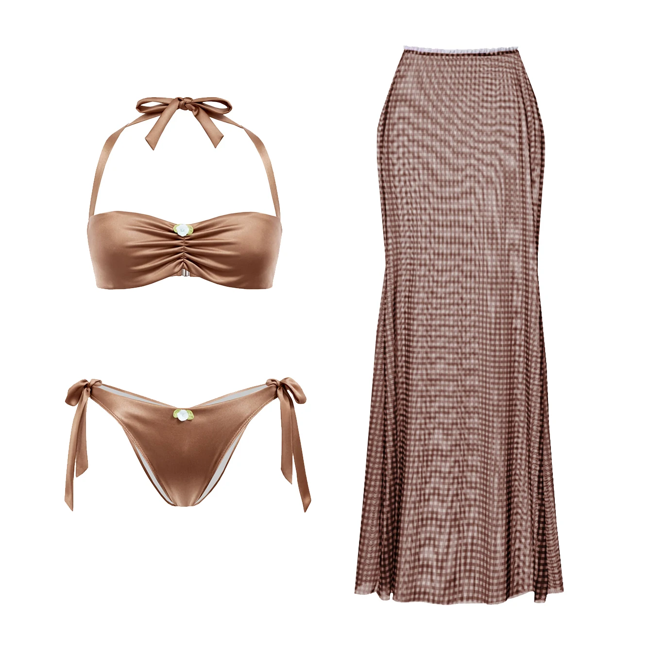 

Комплект из 3 предметов: коричневое бикини, сетчатая юбка, новинка 2026 года, женский купальник, сексуальное пляжное платье, пляжная одежда, купальный костюм