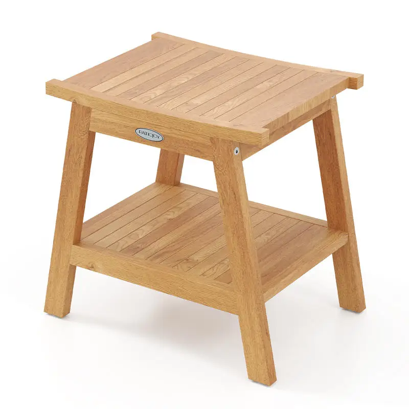 20 Inches Teak Wood Shower Bench with Storage Shelf and Adjustable Foot Pads