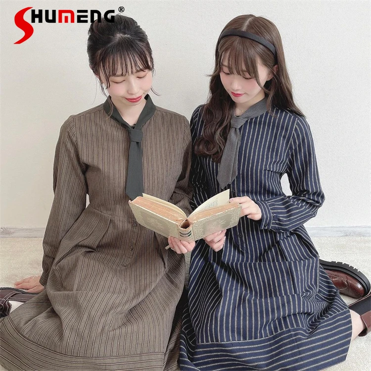 Preppy Style Sweet Tie Brushed Striped Shirt Dress Women Retro British Style Cute Stripes Long Sleeve Midi Dresses Robe Femme