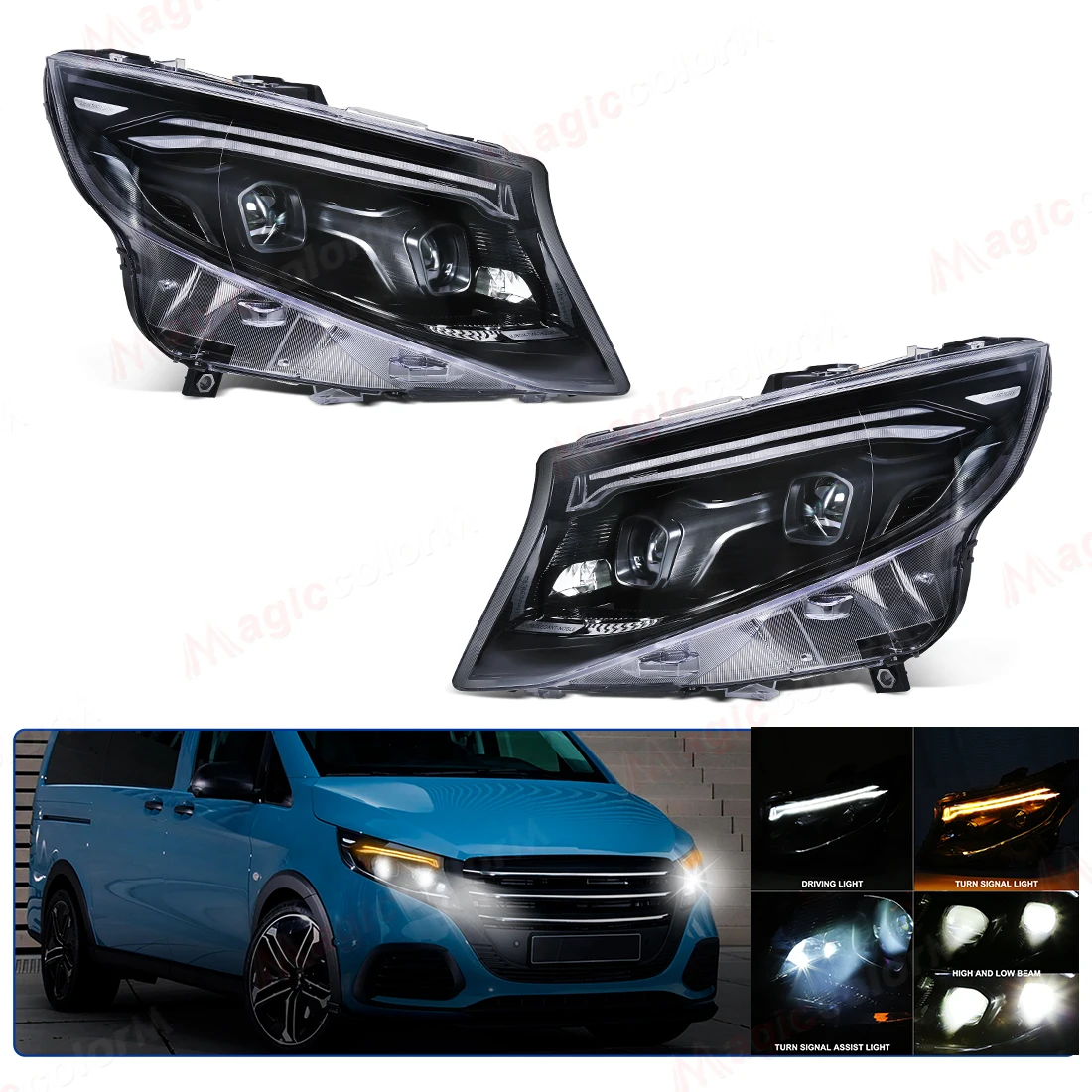 

Передний фонарь автомобиля для Benz Vito 2016-2024 W447, светодиодная фара в сборе, обновленная динамическая лампа дальнего света с высокой конфигурацией Plug & Play