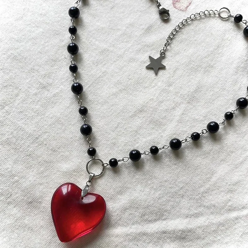 Grunge Rock Red Heart จี้สร้อยคอ Punk ความงาม DIY Black Pearl สร้อยคอผู้หญิง Goth อุปกรณ์เสริม Egirl เครื่องประดับเซ็กซี่ Cool