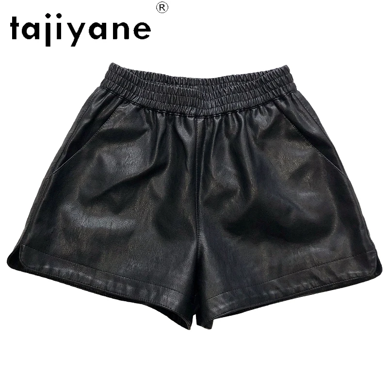 TAJIYANE Lederen Shorts Vrouw Hoge Taille Echte Schapenvacht Baggy Korte Broek Mode Lente Vrouwen Kleding 2025 шорти