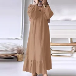 Women Vintage Solid Ruffles Hem Sundress Robe Femme Turkey Vestido Kaftan Fashion O Neck Long Sleeve Muslim Abaya Dress