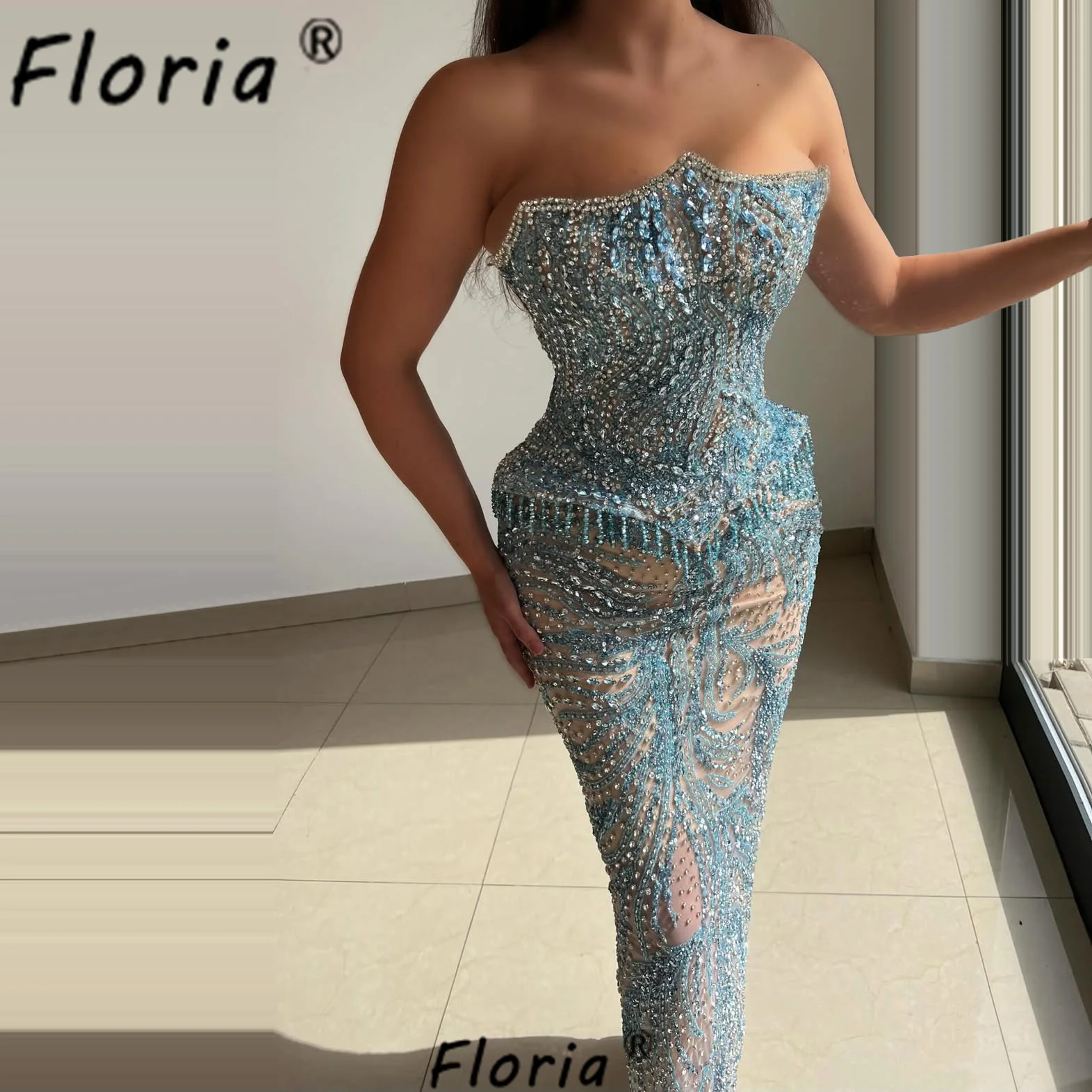 

Luxury Beaded Mermaid Evening Dress with Tassels Blue Crystal Ankel Length Sleeveless Prom Dresses Elegant Customized Cocktail