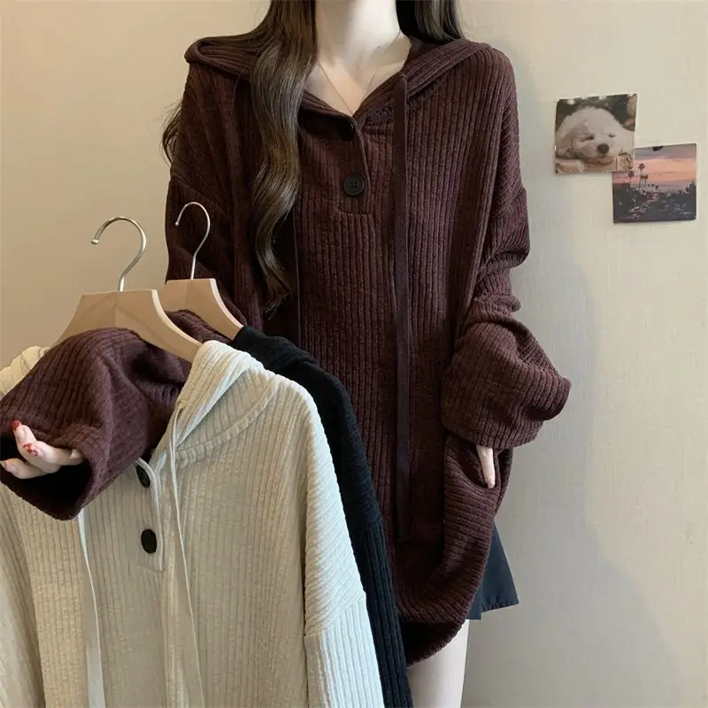 Casual Hooded Button T-shirt Autumn Winter New Stylish Drawstring Women's Clothing Solid Color Loose Basic Long Sleeve Pullovers