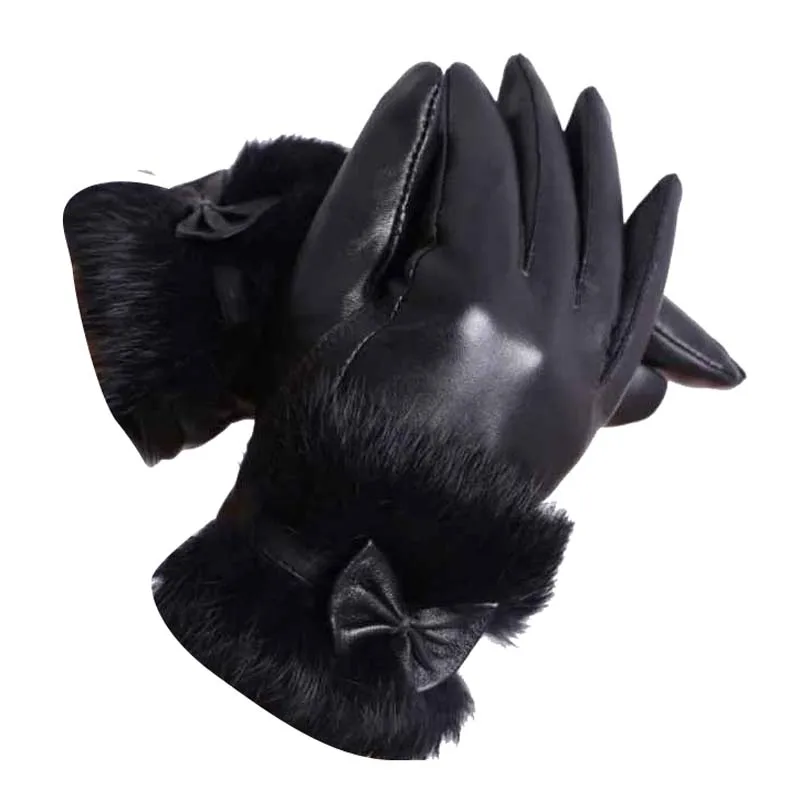 1 Pair Women`s Winter Lambskin Leather Touchscreen Gloves Wool Lined Rabbit Fur Cuffs Bowknot Decor Thickened Mittens